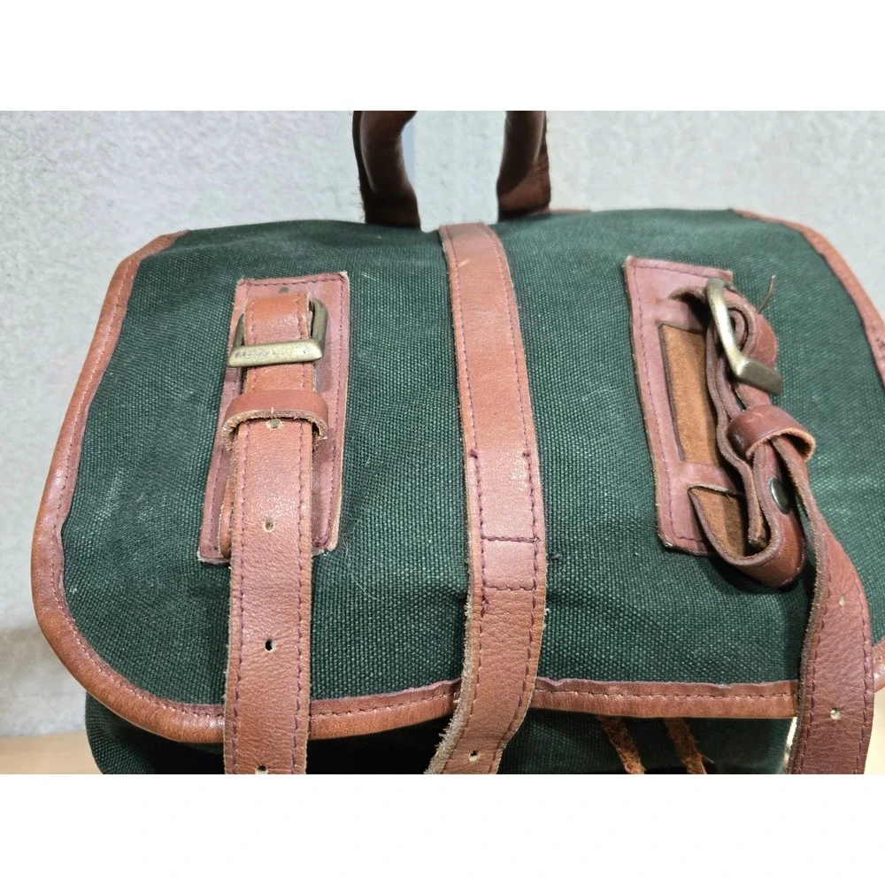 Vintage Green Canvas Leather Rucksack Backpack‎ Cowhide Trim